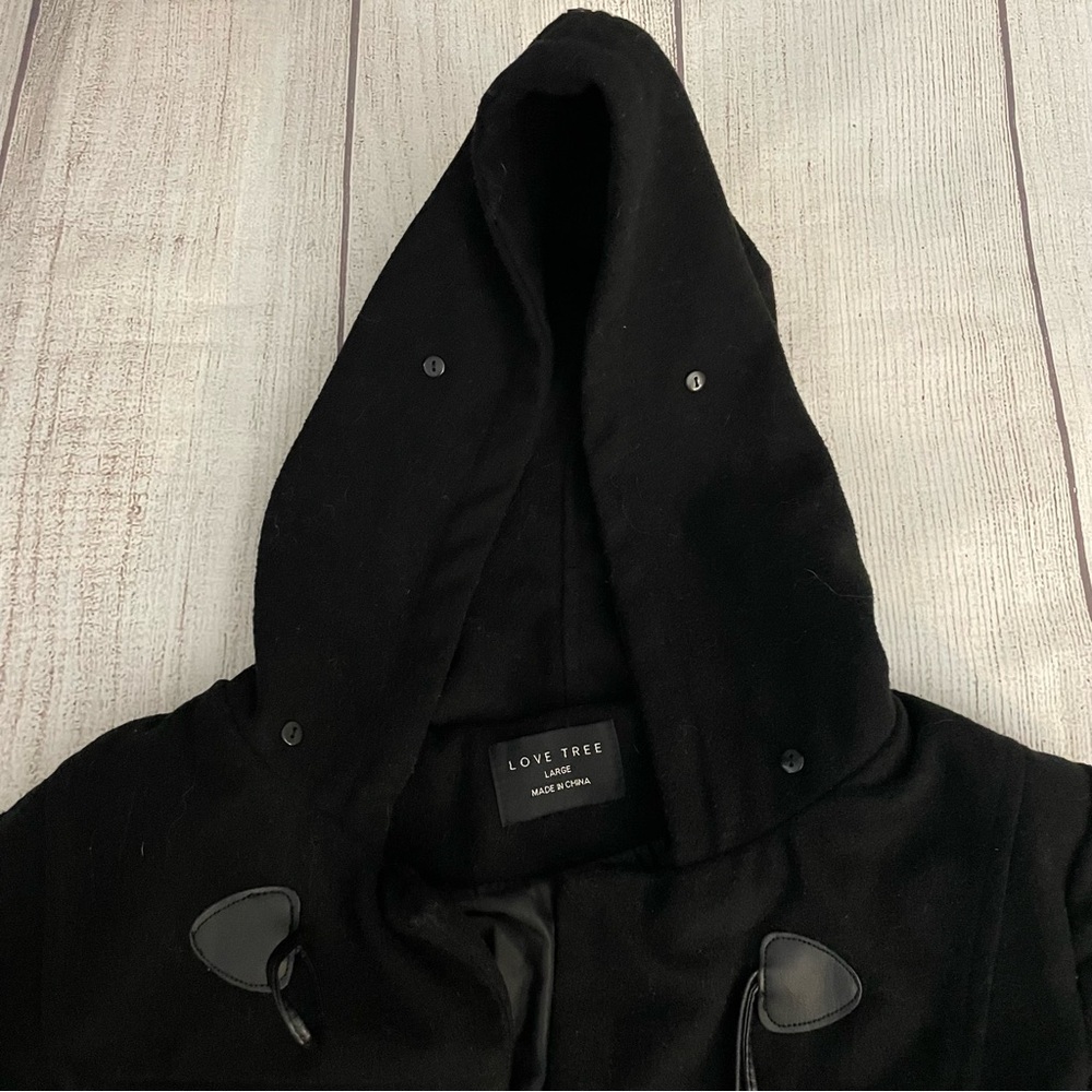 LOVE TREE Women’s Black Winter Wool Pea Coat With Hood & Toggles Size Large - Picture 5 of 9